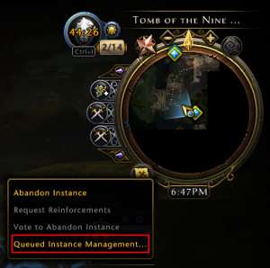 Neverwinter Queued Instance Management at the bottom left of the minimap